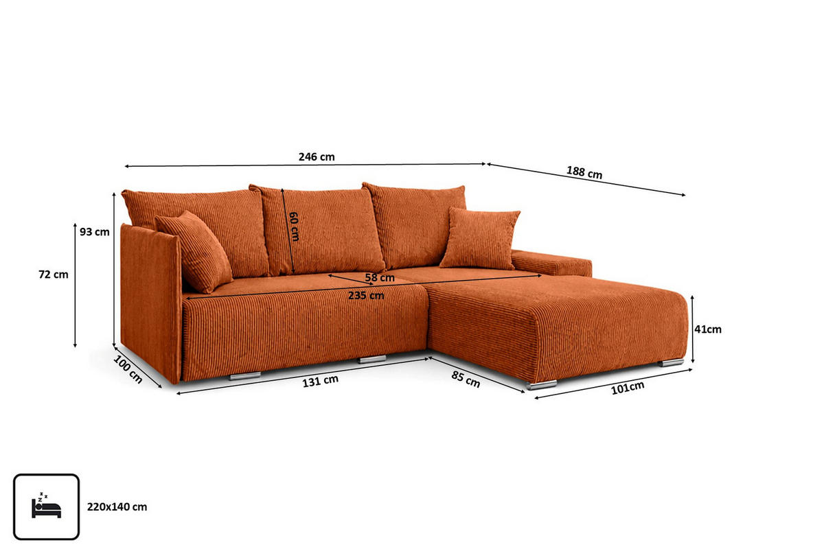 ECKSOFA L-Form Schlaffunktion Livorno Cord-Stoff Kupfer Rechts - Chromfarben/Schwarz, Holz/Kunststoff (246/188cm) - Kaiser Möbel
