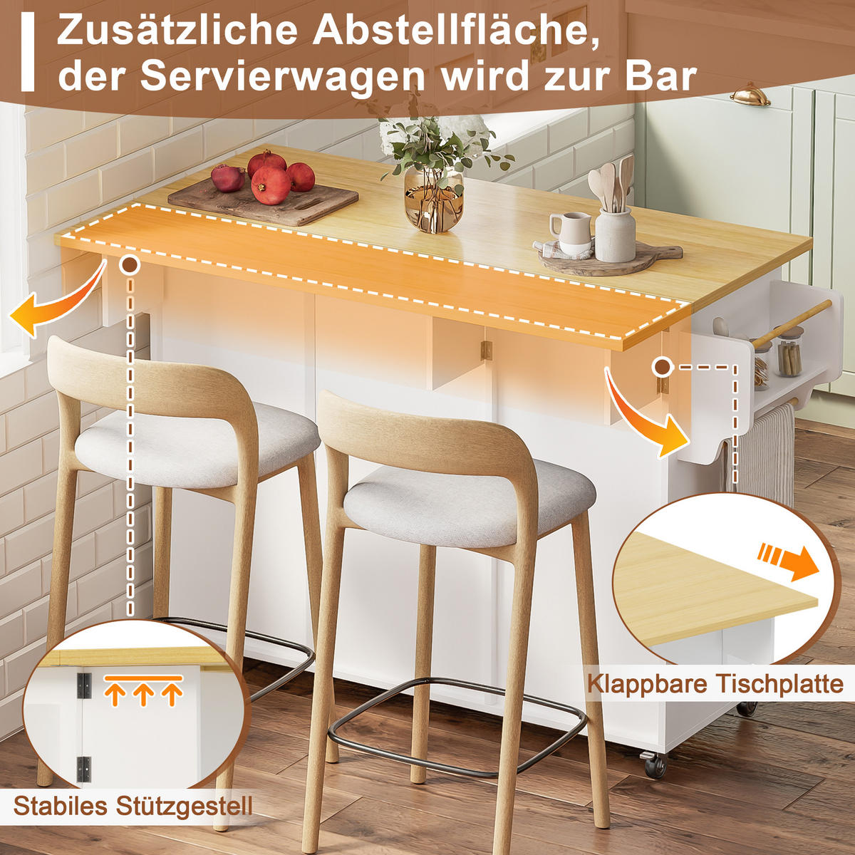 KÜCHENINSEL 120/45/92 cm Weiß mit klappbarer Arbeitsplatte und 3 Türablagen - Weiß, Holz/Holzwerkstoff (70/92/120cm) - Oxeza