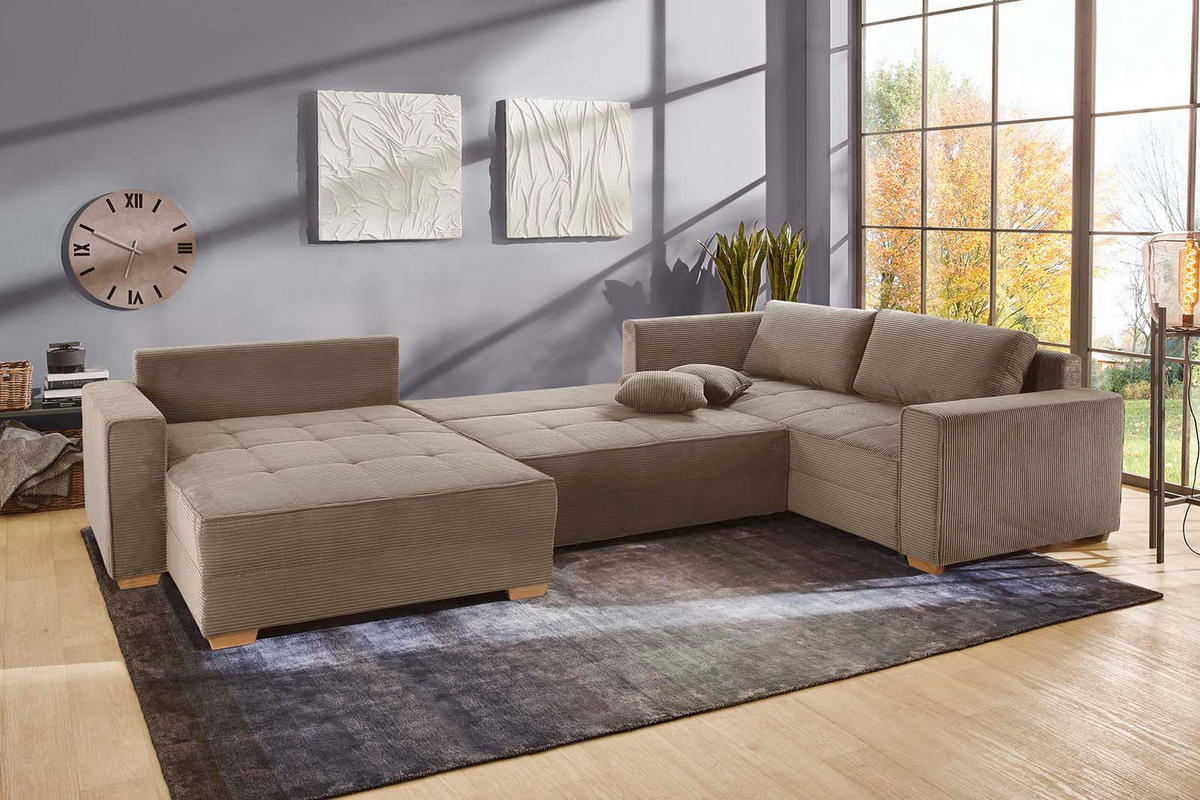 WOHNLANDSCHAFT Schlaffunktion Bettkasten Wellenunterfederung, spiegelverkehrt montierbar U-Form B379/T227/H86 cm, Cord Braun Taupe / 15197 - Taupe/Eichefarben, Holz/Textil (379/86/227cm) - luma-home