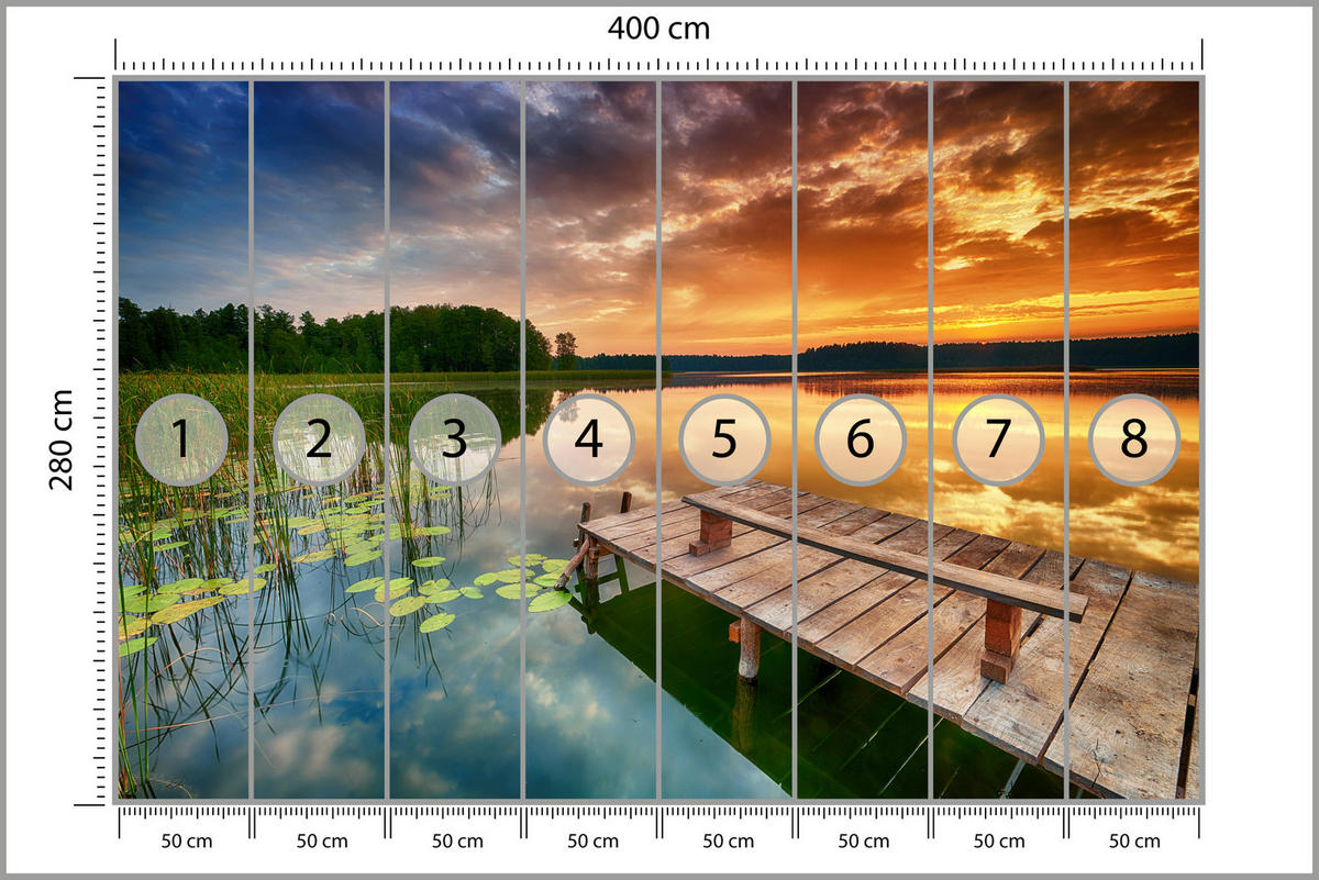 FOTOTAPETE für Wohnzimmer Sonnenuntergang See Steg Bäume 400x280 - Gelb/Beige, Papier (400/280cm) - Muralo