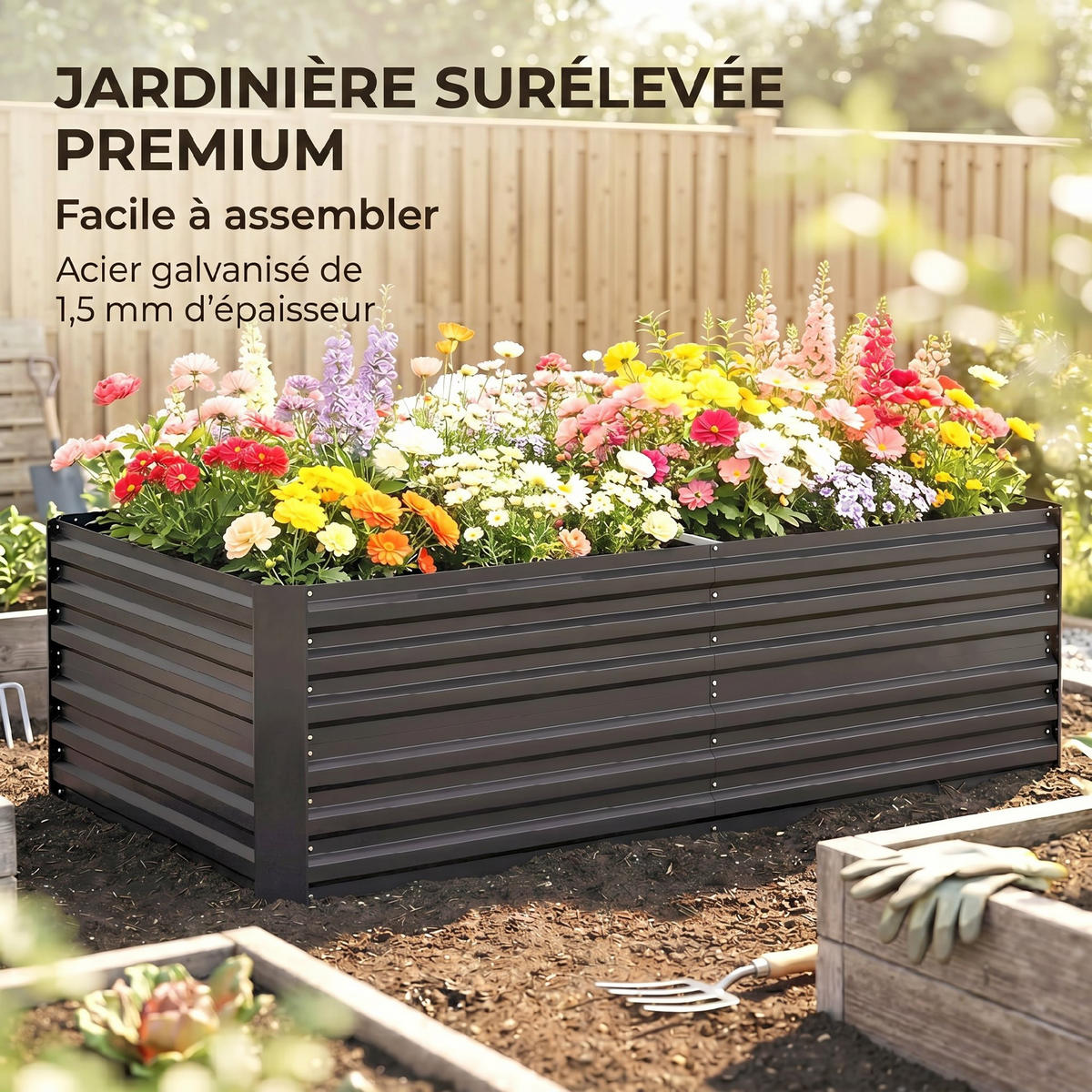 HOCHBEET DE-12164 rechteckig 180/90/59 cm mit Verstärkungsrohren Silber - Dunkelgrau, Metall (180/59/90cm) - ComfortXL