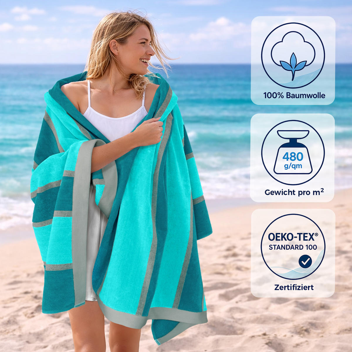 STRANDTUCH Porto 90x180 cm - Türkis/Grün, Naturmaterialien (90/180cm) - Lashuma