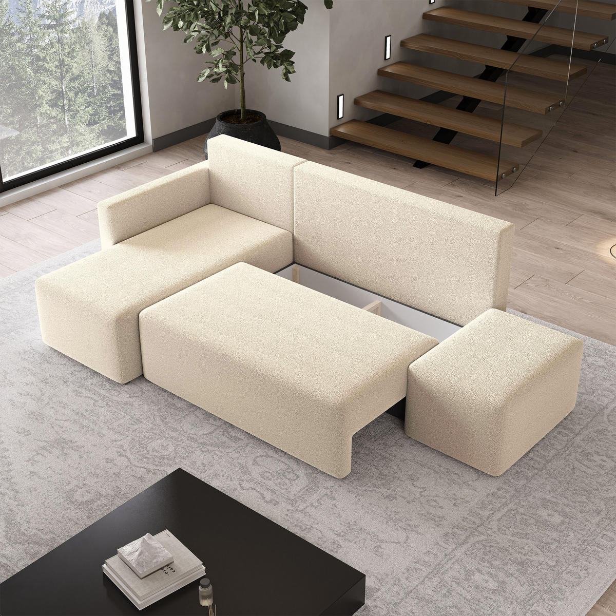 ECKSOFA VELOTTI L-S Creme Boucle-Stoff mit Schlaffunktion - Creme, Holz (261/143cm) - MASSENO
