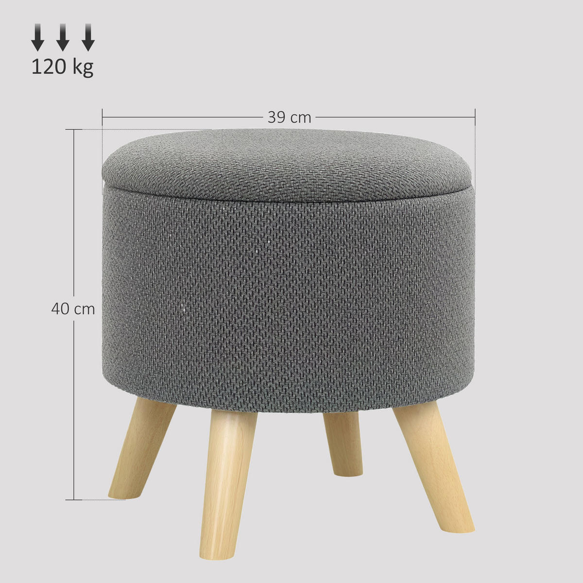 POUF DE-16378 runder Sitzhocker mit Stauraum und Holzbeinen Grau - Grau, Textil (39/40/39cm) - ComfortXL