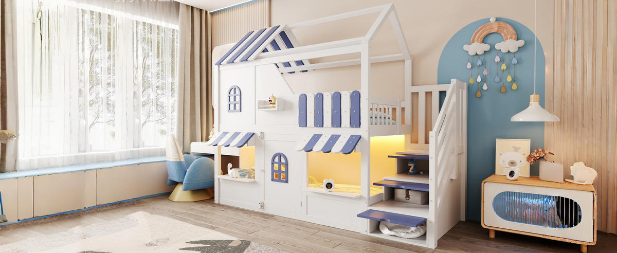 ETAGENBETT 90/200 cm in Weiß & Blau mit LED, Regalen und Stauraumleiter - Blau/Weiß, Holz/Holzwerkstoff (90/200cm) - CHICFURN