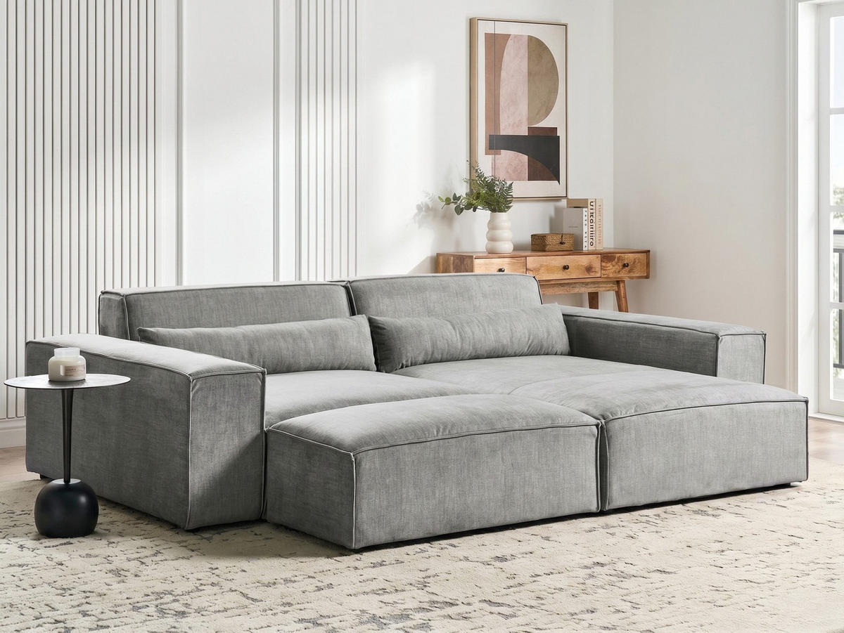 ROHOVÁ POHOVKA modul 3-místná levostranná Šedá Látka s otomanem Hellnar - šedá, textil (262/176cm) - Beliani