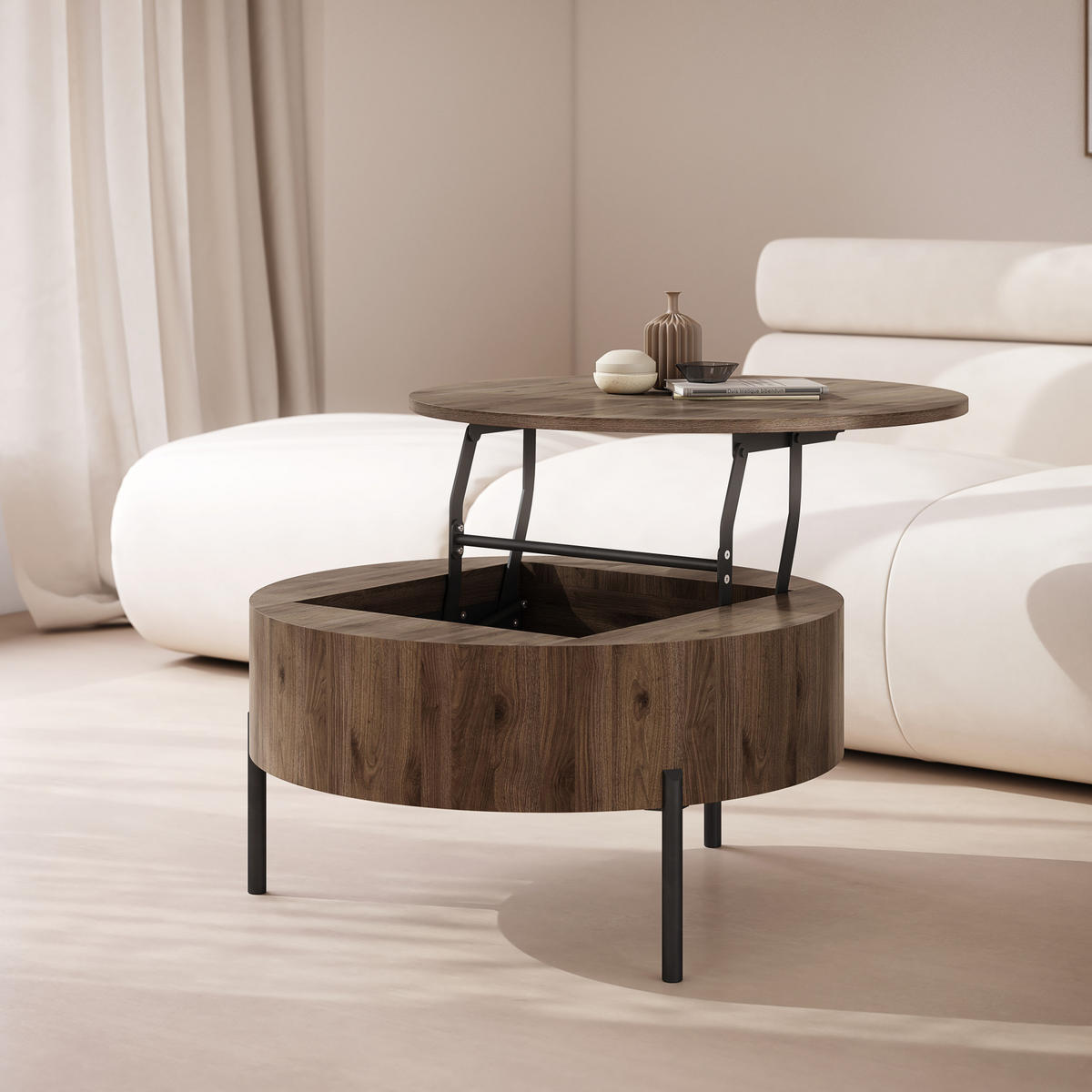 COUCHTISCH rund aufklappbar höhenverstellbar Stauraum 79/79/42 cm - Nussbaumfarben, Holzwerkstoff (79.5/79.5/42.7cm) - designimpex