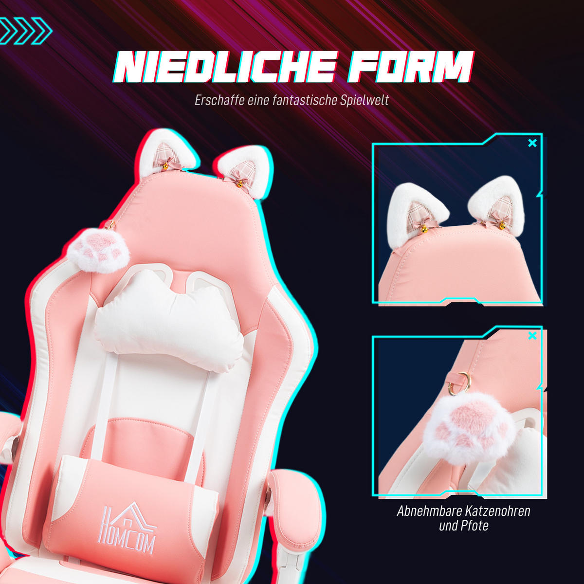 GAMING Stuhl mit Katzenohren, Lendenwirbelstütze, Fußstütze, Kopfkissen, höhenverstellbar, Liegefunktion Rosa-Weiß - Rosa, Leder (62/116/65cm) - BRILVERDE
