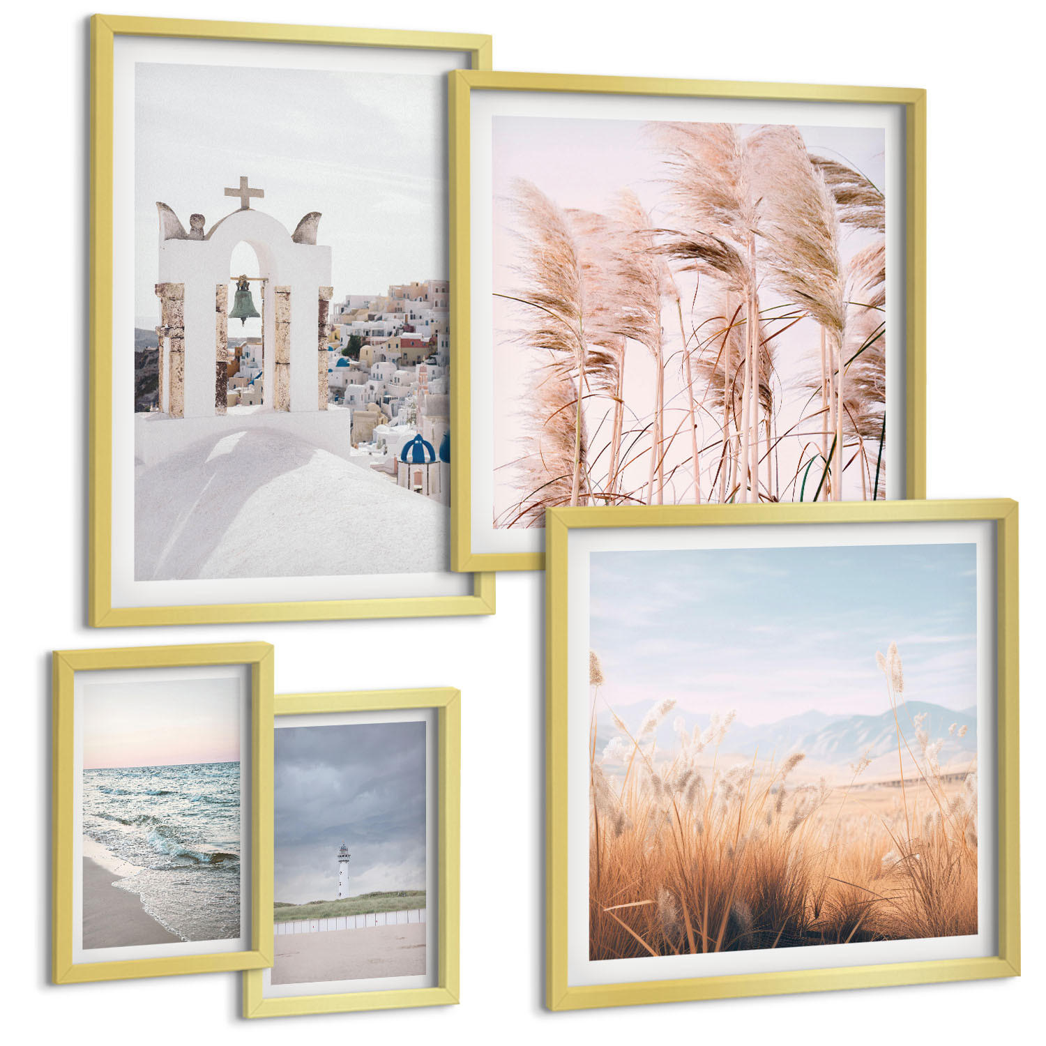 BILDER SET 5er Set - 50x50 cm & 20x30 cm & 40x60 cm Goldrahmen - Pflanzen, Meereswellen, Aussicht, Häuser - Goldfarben, Kunststoff (40/60cm) - TULUP