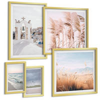 BILDER SET 5er Set - 50x50 cm & 20x30 cm & 40x60 cm Goldrahmen - Pflanzen, Meereswellen, Aussicht, Häuser - Goldfarben, Kunststoff (40/60cm) - TULUP