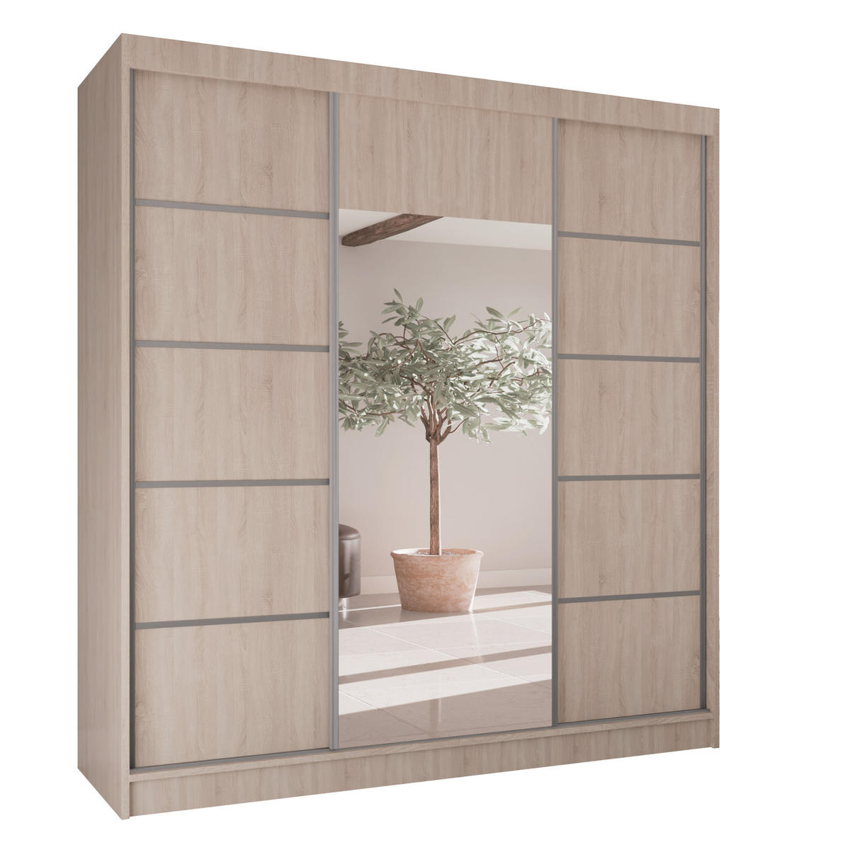 SCHWEBETÜRENSCHRANK Moni mit Spiegel und Zierleisten, 215x200x61cm, eiche Sonoma+Silber - Silberfarben/Sonoma Eiche, Holzwerkstoff (200/215/61cm) - AN-Moebel 4u