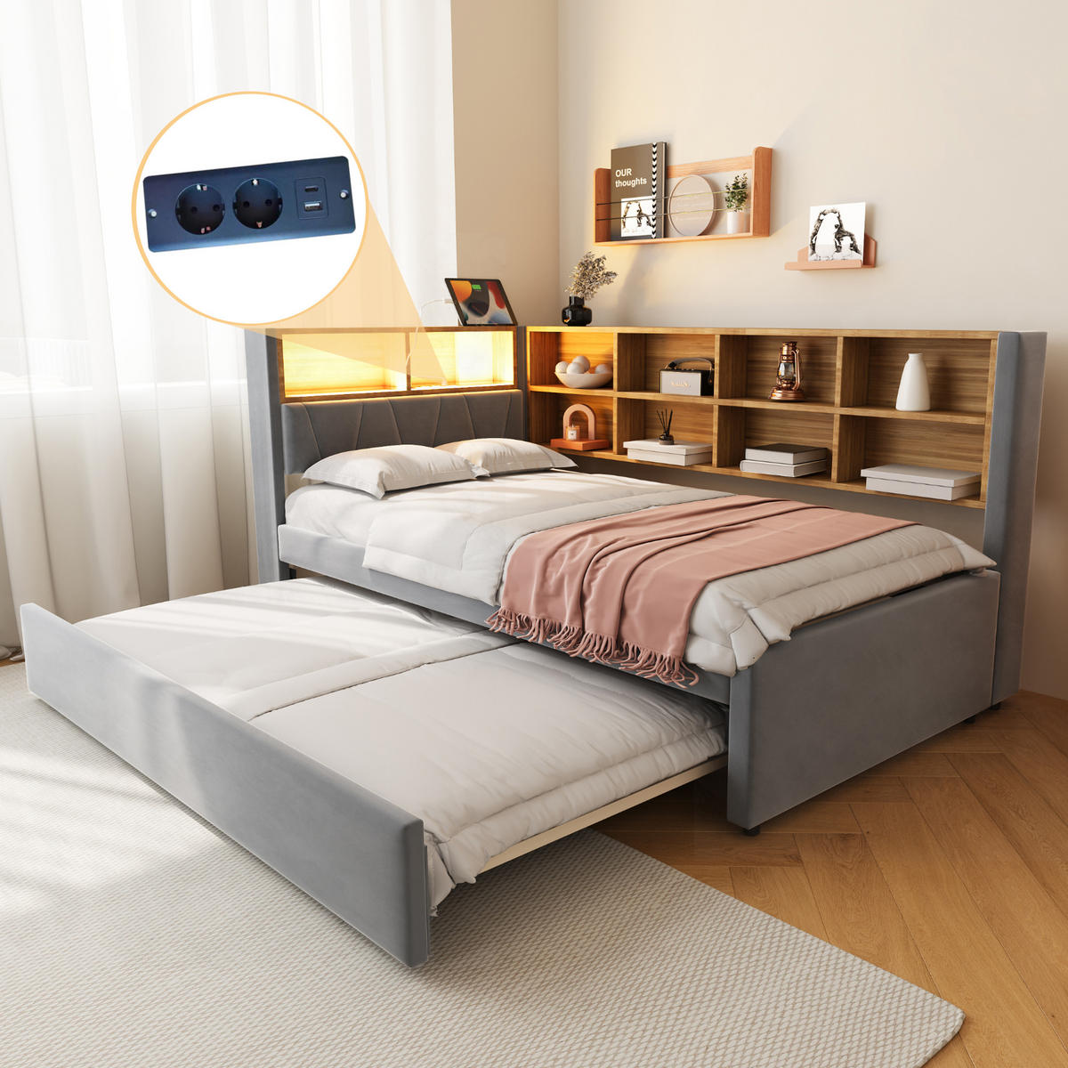 POLSTERBETT 90x200 cm LED USB dunkelgrau - Dunkelgrau, Textil (90/200cm) - LEBENLANG