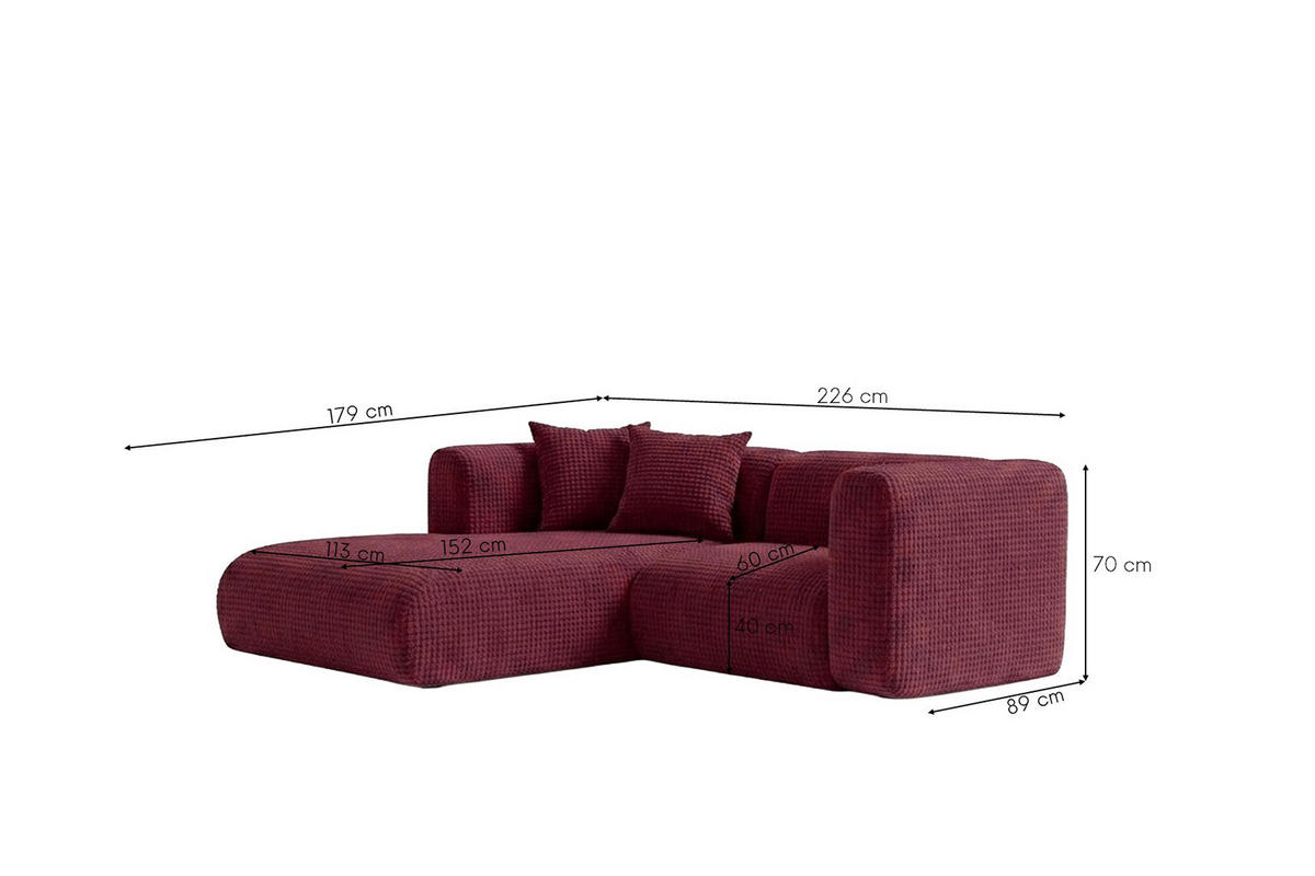ECKSOFA L-Form mini, Chenille-Stoff Cremona, Rotwein, Links, GRETA - Weinrot, Holz (226/179cm) - Kaiser Möbel