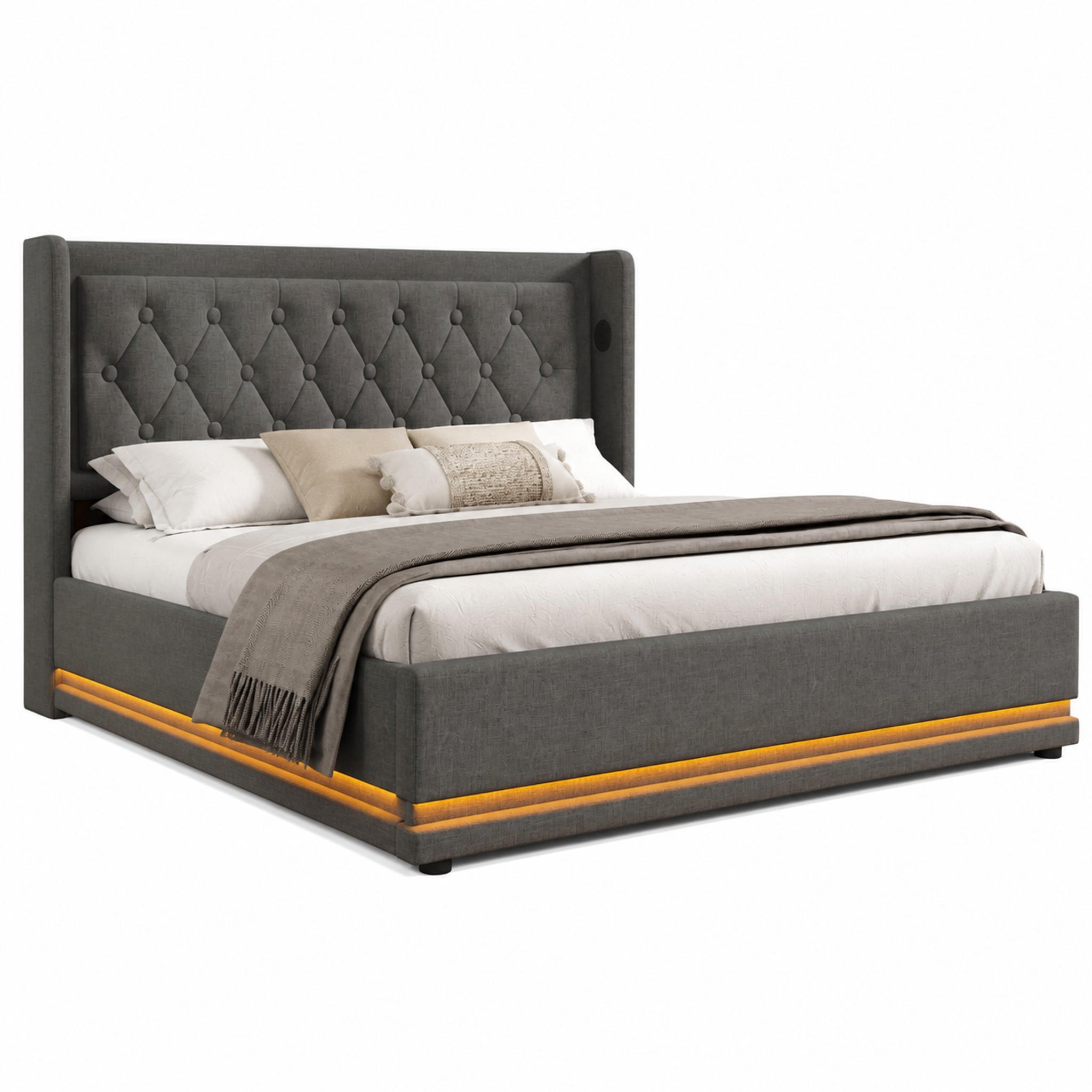 POLSTERBETT mit Stauraum, USB & LED 160x200 cm Baumwolle Grau inkl. Matratze - Grau, Metall (160/200cm) - Meubliv