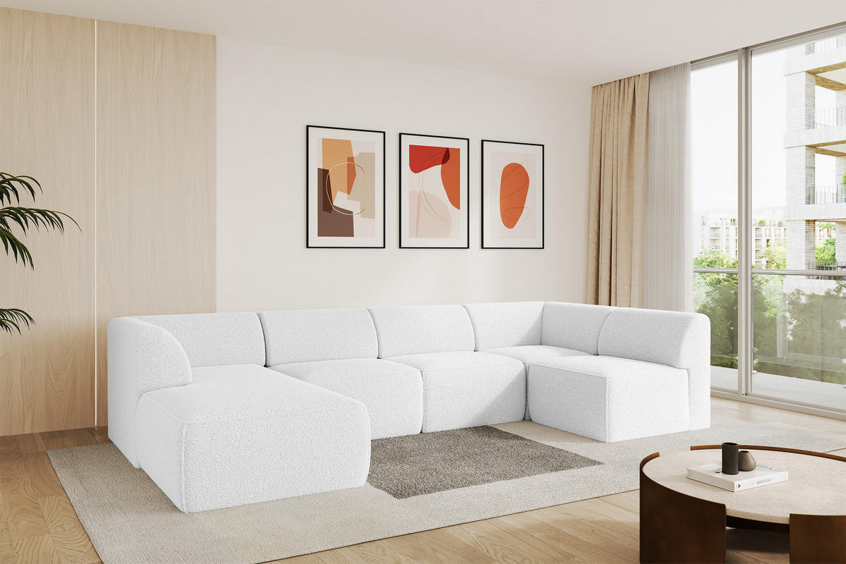 WOHNLANDSCHAFT Ottomane Links MOVO-L 345x180x78 cm Weiß Bouclé - Weiß, Holzwerkstoff/Kunststoff (345/78/180cm) - ALTDECOR