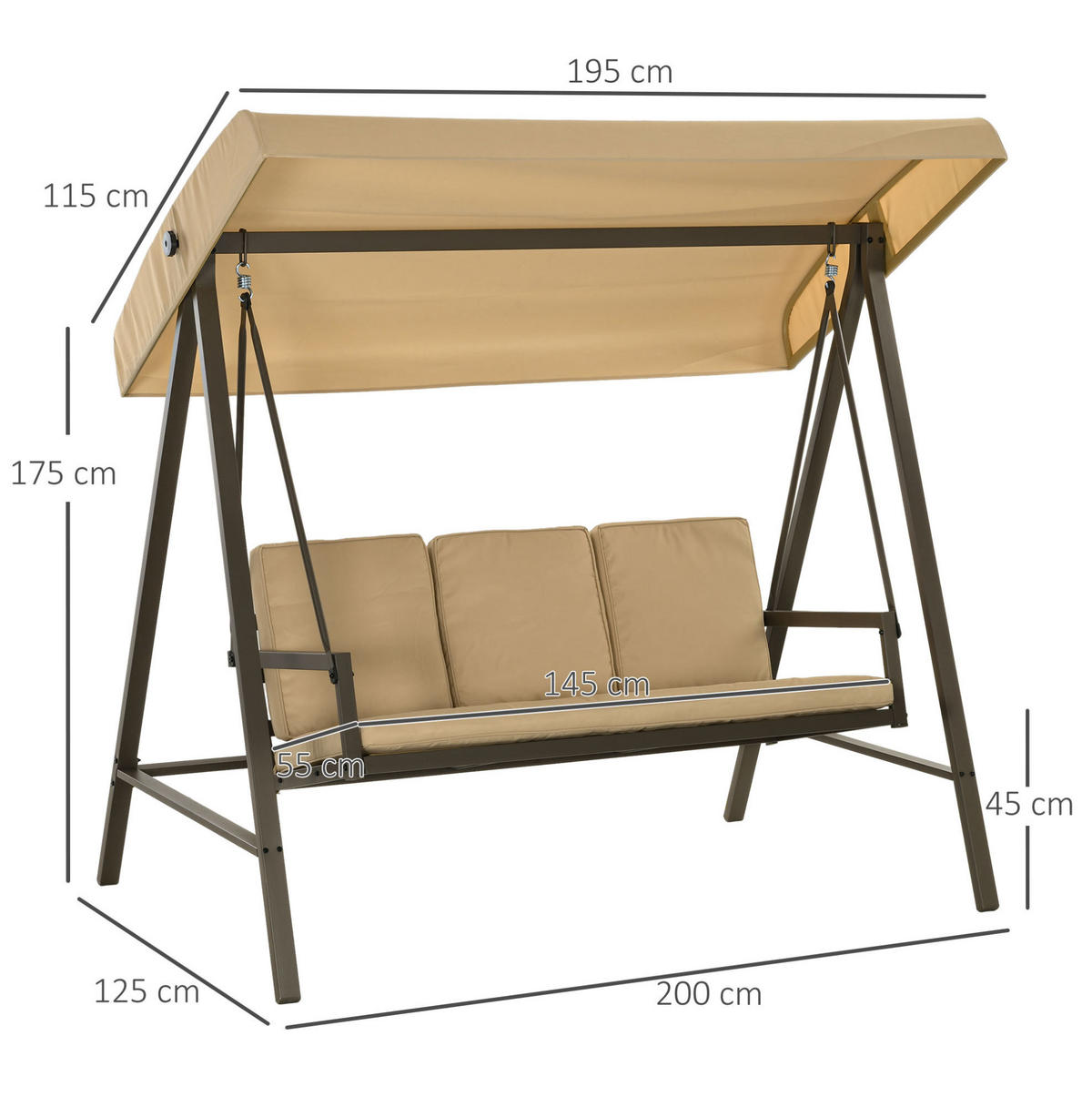 HOLLYWOODSCHAUKEL 3-Sitzer mit kippbarem Sonnendach und Polsterung, Beige - Beige, Textil (125/175/200cm) - Redom