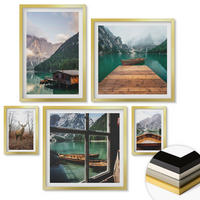 WANDBILDER 5er Set - 50x50 cm & 20x30 cm & 40x60 cm Goldrahmen - Berglandschaften, Ferienhäuser, Boote - Goldfarben, Kunststoff (40/60cm) - ArtPrintCave