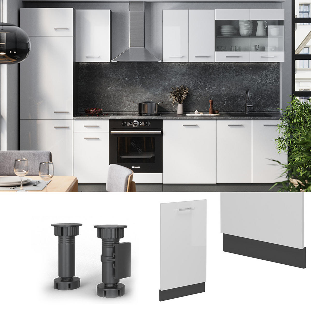 GESCHIRRSPÜLBLENDE R-Line Weiß Hochglanz 45 cm , AP Eiche - Weiß Hochglanz/Anthrazit, Holzwerkstoff (45/81.8/1.6cm) - Vicco