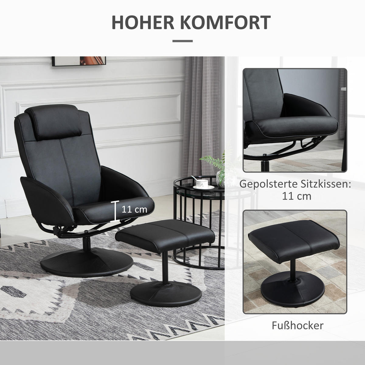 RELAXSESSEL Sessel Fernsehsessel mit Fußstütze Armsessel 360° drehbar Schwarz - Schwarz, Leder/Kunststoff (67/98/78cm) - HOMCOM