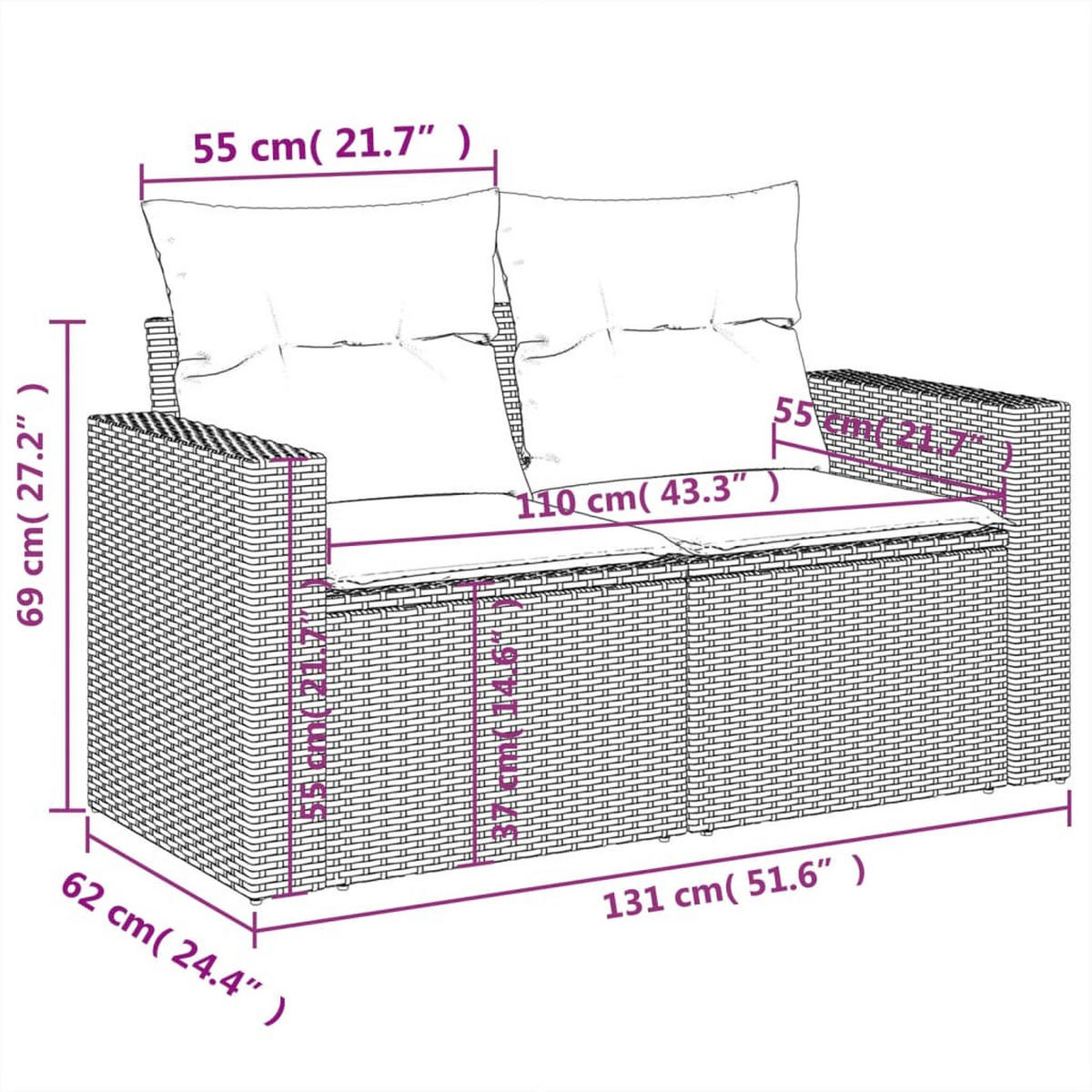 GARTENSOFA Mit Kissen 2-Sitzer Schwarz Poly Rattan - Schwarz, Kunststoff (131/69/62cm) - vidaXL