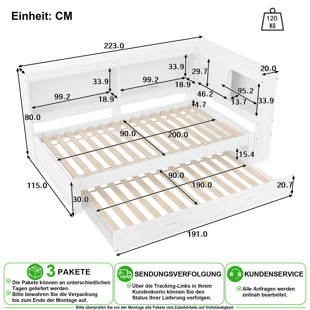ROZKLÁDACÍ POHOVKA 90/200 cm v bílé barvě s výsuvným lůžkem, LED a USB - bílá, dřevo/kompozitní dřevo (90/200cm) - CHICFURN