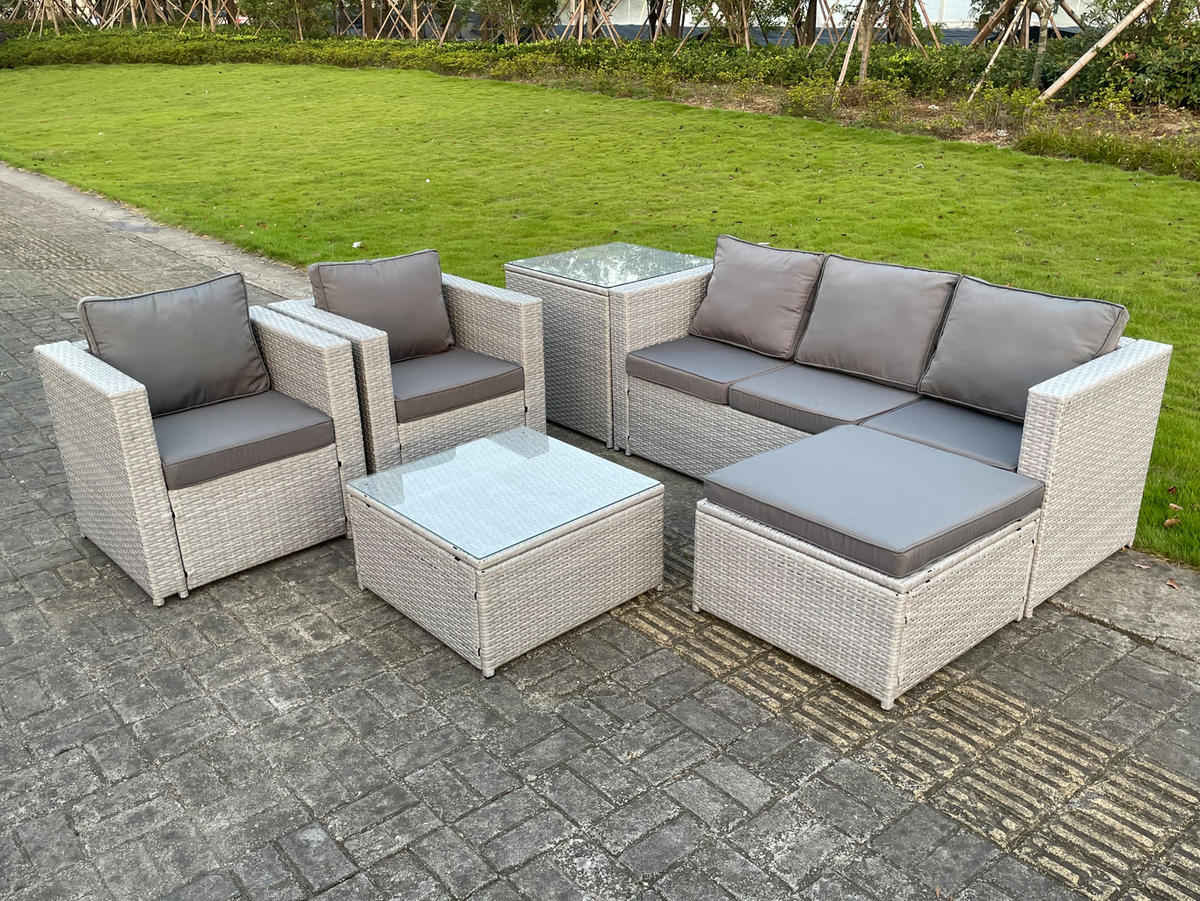 GARTENSOFA Polyrattan Helles Grau 6-Sitzer - Hellgrau, Metall - Fimous