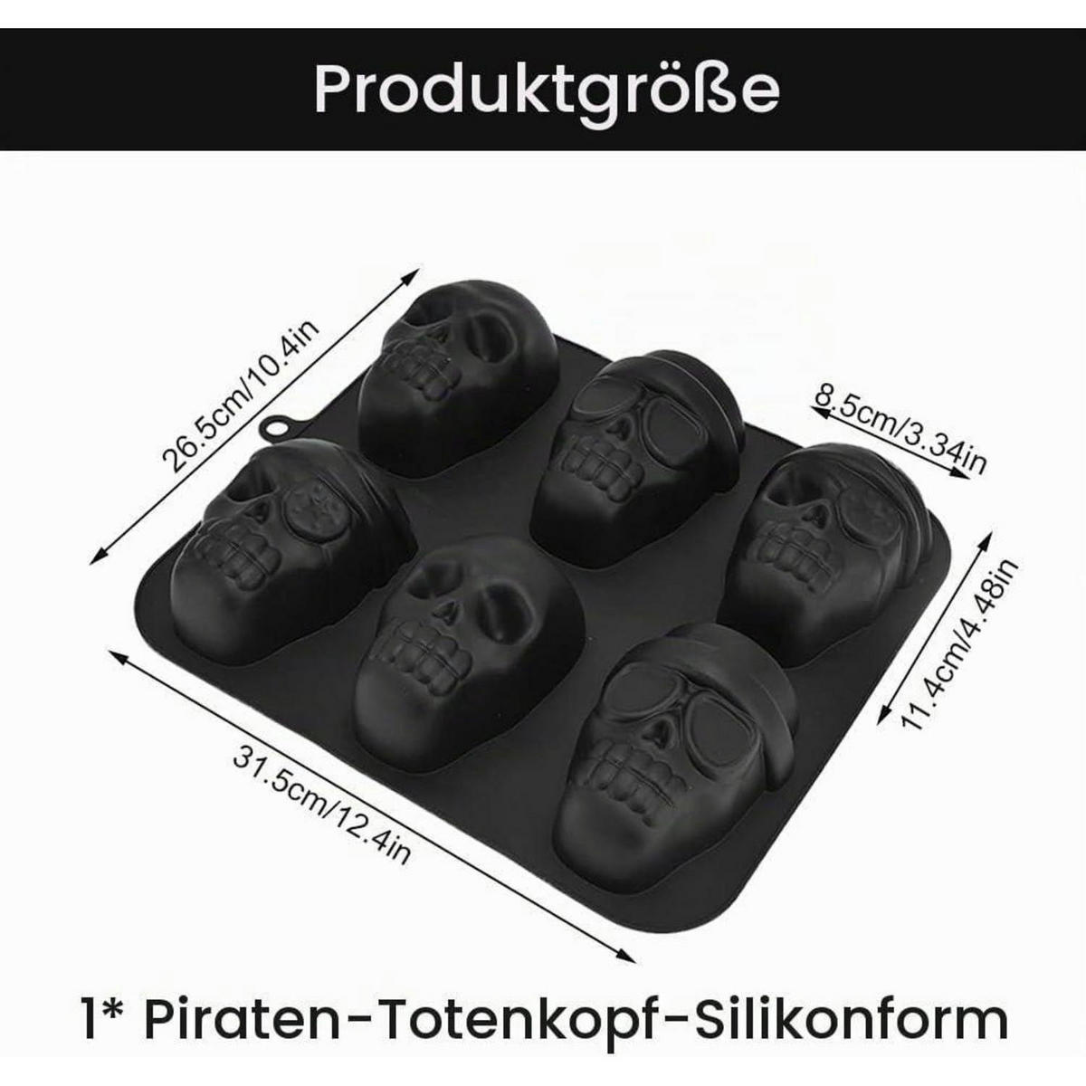 SILIKONFORM Piratenschädel 6-teilig für Halloween und Party - Schwarz, Kunststoff