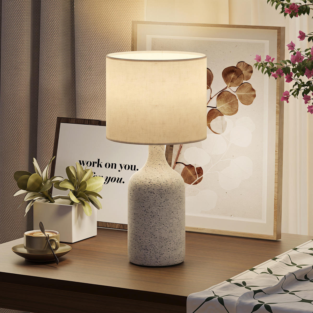 STOLNÍ lampa z keramiky, lněné vlákno, béžová - béžová, keramika (22/22/45cm) - HOMCOM