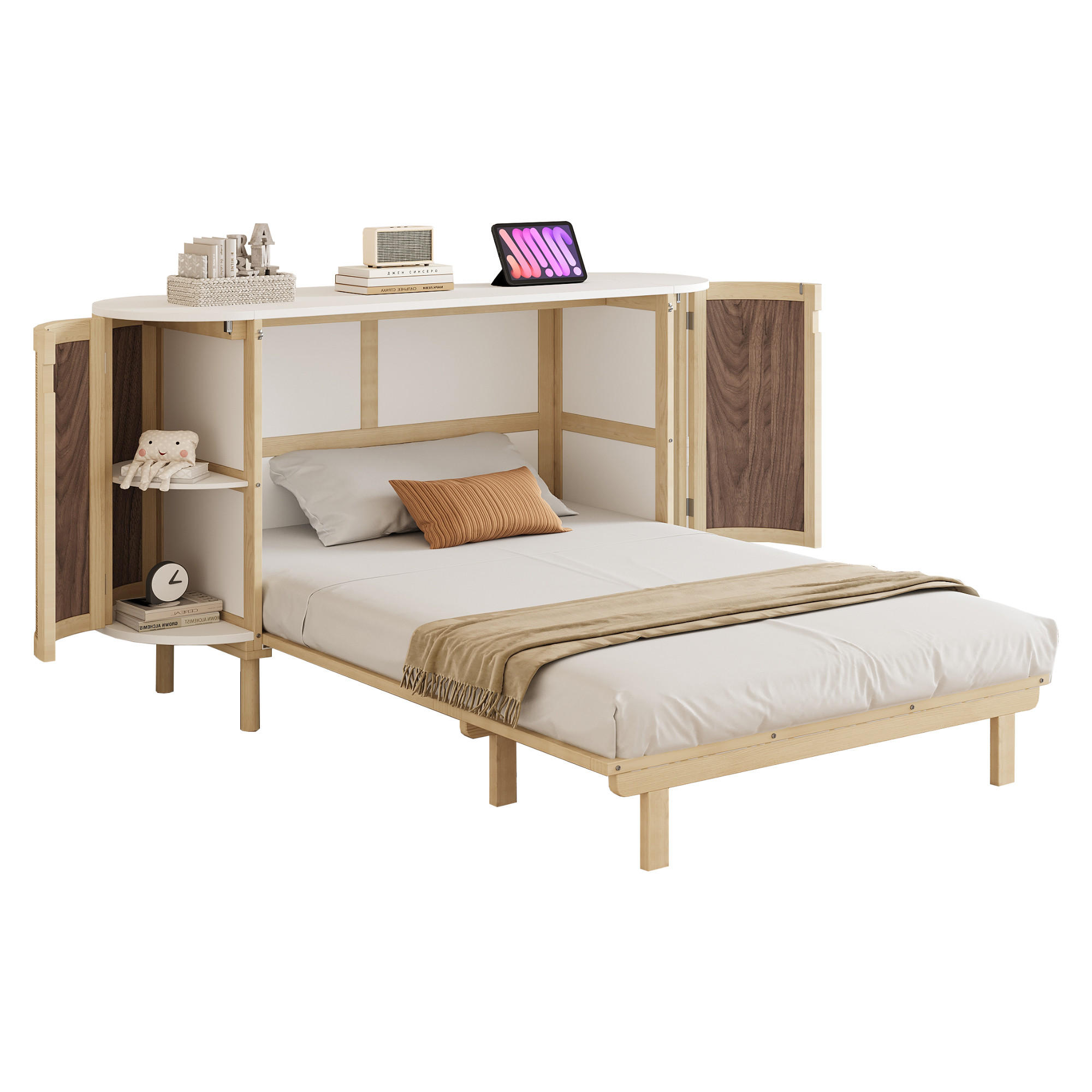 SCHRANKBETT 140/200 cm Holz geflochten mit praktischen Staufächern - Naturfarben, Holzwerkstoff (140/200cm) - OKWISH