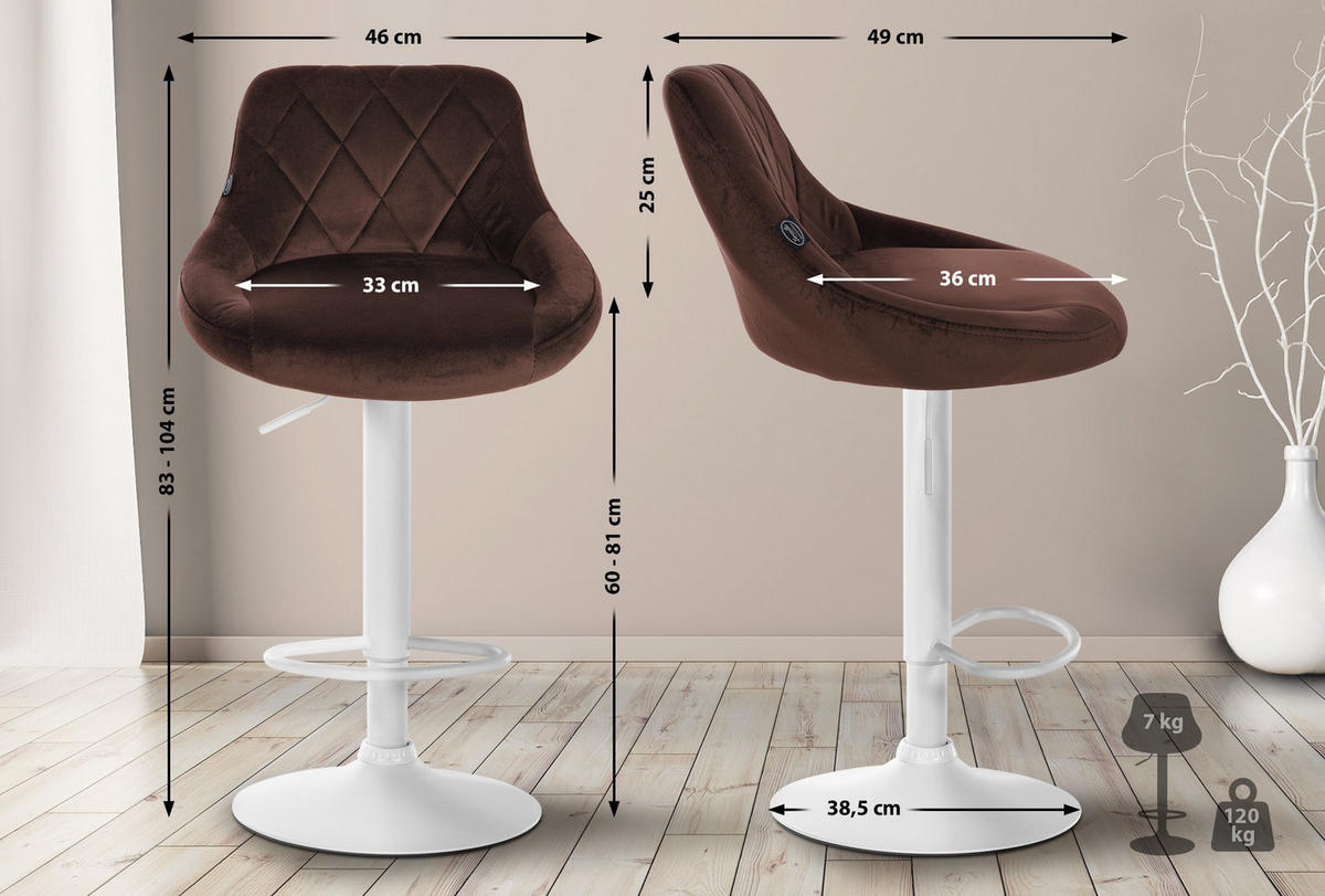 BARHOCKER 2er Set Samt braun - Weiß/Braun, Textil/Metall (46/83/49cm) - CLP