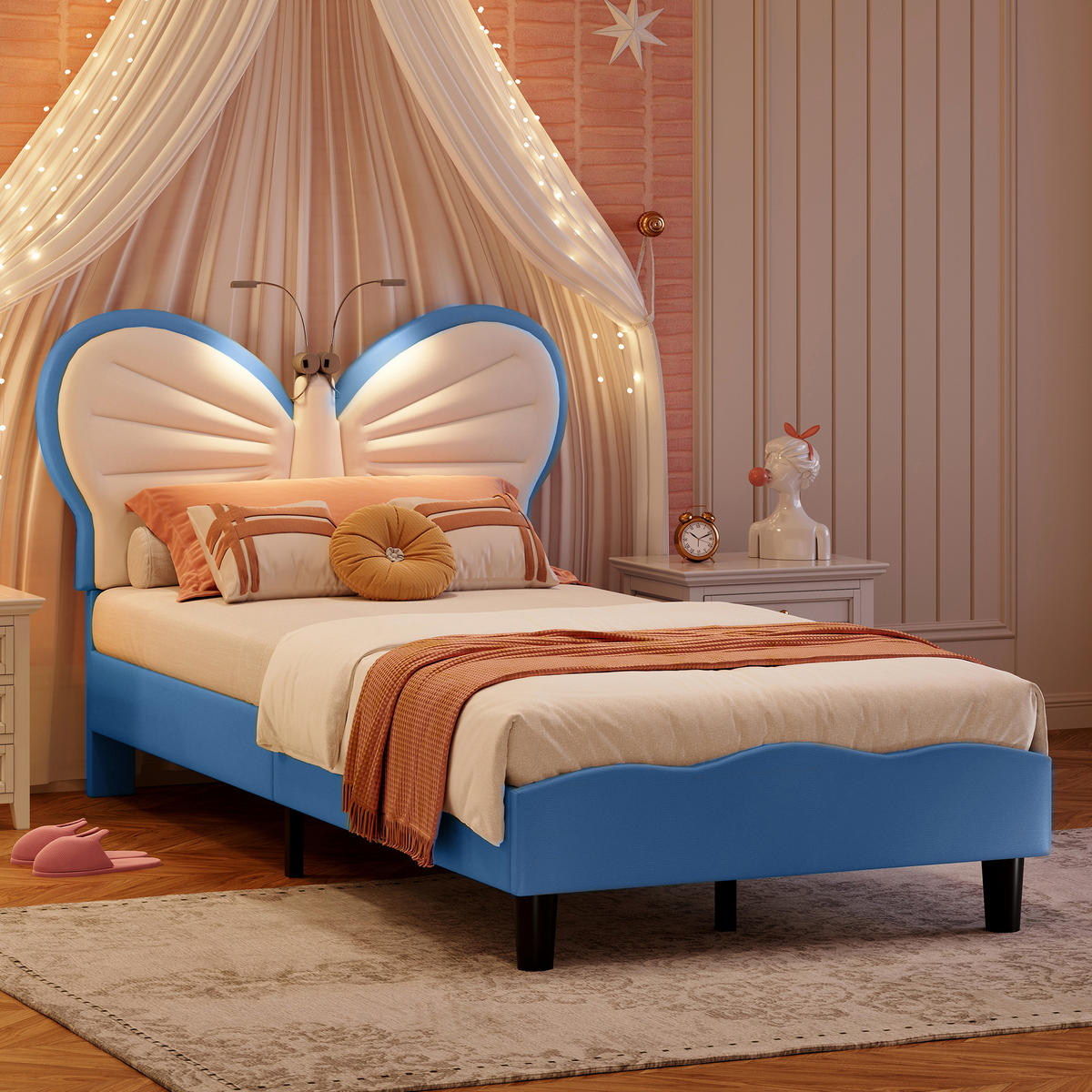 KINDERBETT 90 x 200 cm, Kopfteil in Schmetterlingsform, mit integrierter LED-Leselampe & höhenverstellbarem Kopfteil,Samtmaterial,Weiß und blau - Hellblau, Holz/Metall (90/200cm) - BursDany