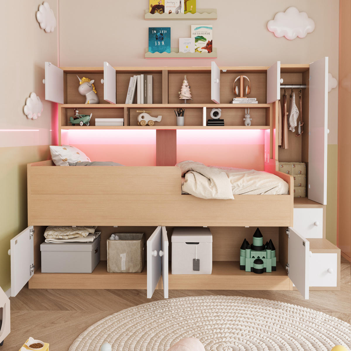 KINDEREINZELBETTEN aus MDF 90x200 cm in Naturholz mit LED-Beleuchtung & Stauraum - Naturfarben, Holzwerkstoff (90/200cm) - Modfu