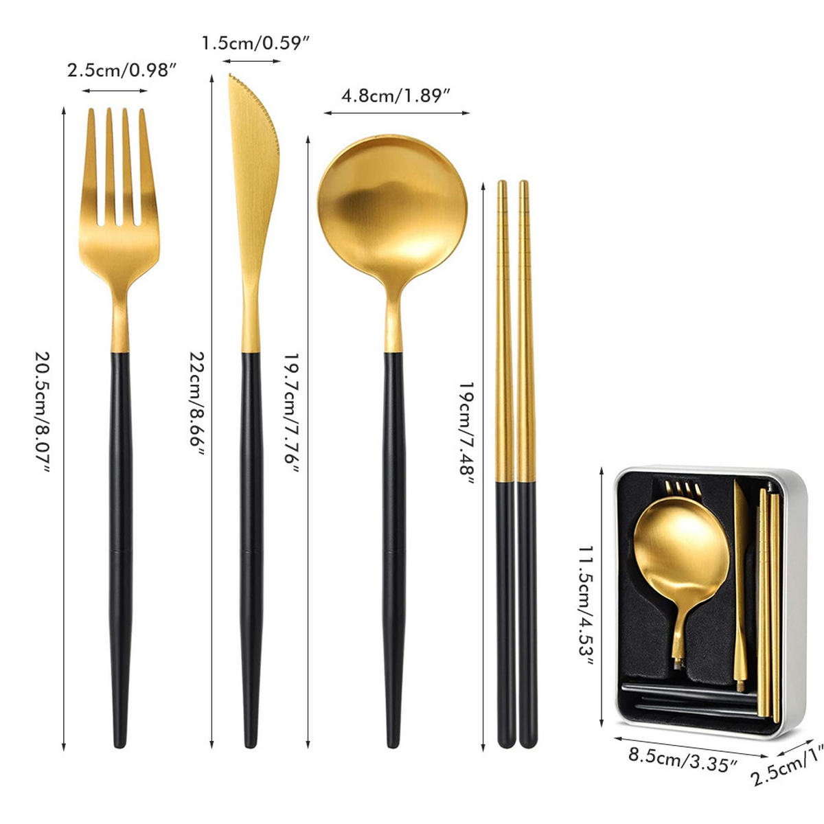 BESTECK-SET 4-teiliges Reisebesteck schwarzgold - Goldfarben, Metall