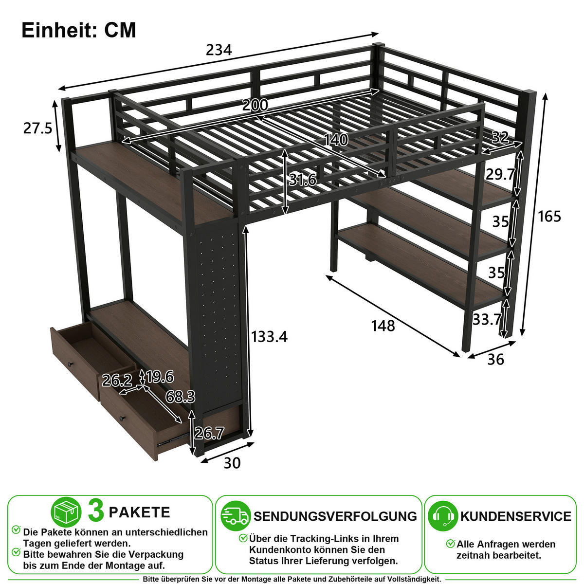 HOCHBETT 140/200 cm in Schwarz mit LED, Regal und 2 Schubladen - Schwarz, Holzwerkstoff/Metall (140/200cm) - CHICFURN