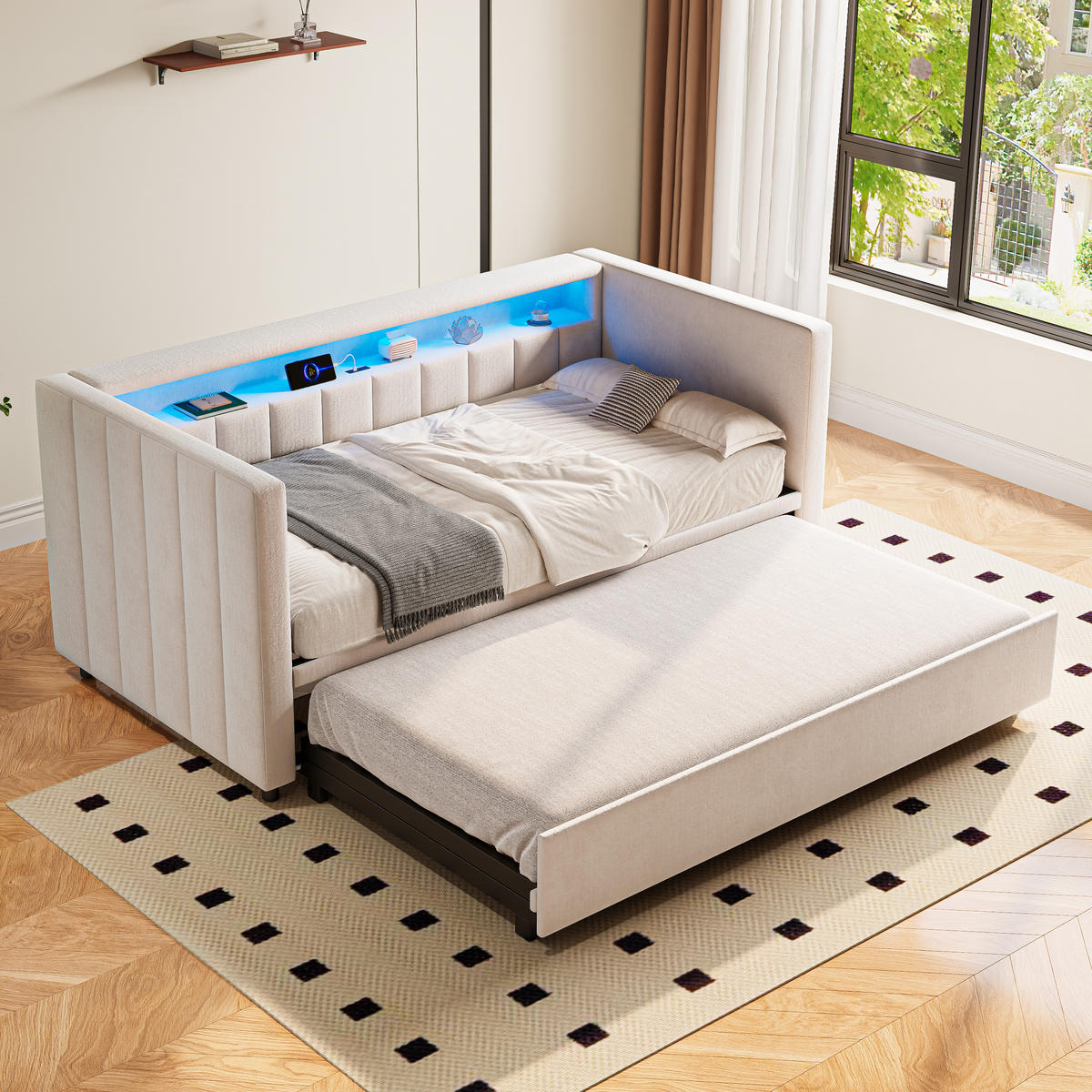 BETT 90/190 cm mit ausziehbarem Bett & USB-Type-C-Anschluss und LED-Beleuchtung Samt Beige - Beige, Textil (90/190cm) - OKWISH