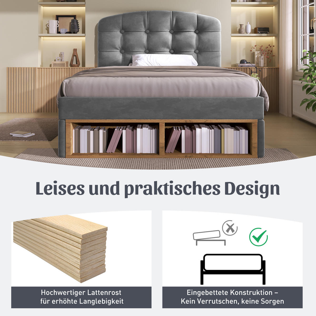 POLSTERBETT 90/200 cm Grau mit 2 Schubladen und Stauraum - Grau, Textil (90/200cm) - Oxeza