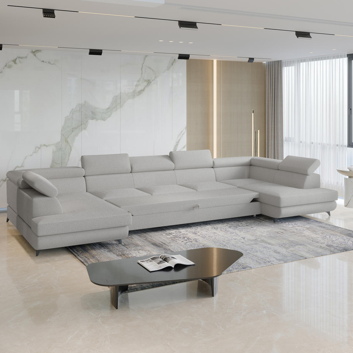 WOHNLANDSCHAFT URMANO Hellgrau Boucle-Stoff mit Schlaffunktion - Hellgrau, Holz (395/89/190cm) - MASSENO