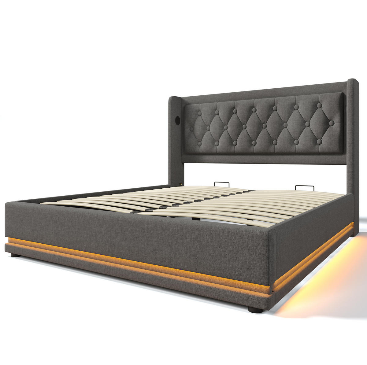 POLSTERBETT 140/200 cm mit Matratze, USB- und Typ-C-Anschluss, Matratze, hydraulischem Stauraum und 3-seitiger LED-Beleuchtung, Grau - Grau, Textil (140/200cm) - Redom