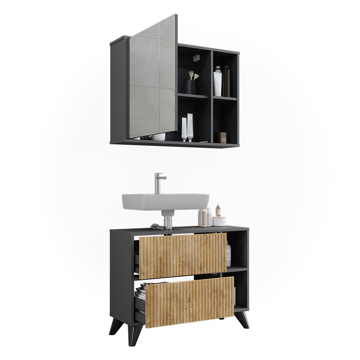 BADMÖBEL-SET Leano Anthrazit/Bergeiche 80 cm, Set 1 - Eichefarben/Anthrazit, Holzwerkstoff (80/62/30cm) - Vicco