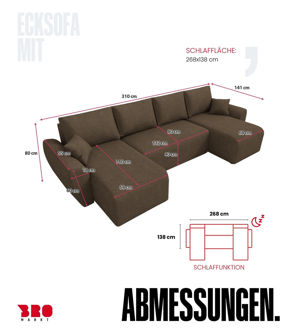 WOHLANDSCHAFT Rotterdam U mit Schlaffunktion Braun Bouclé - Braun, Textil (310/80/141cm) - Bromarkt