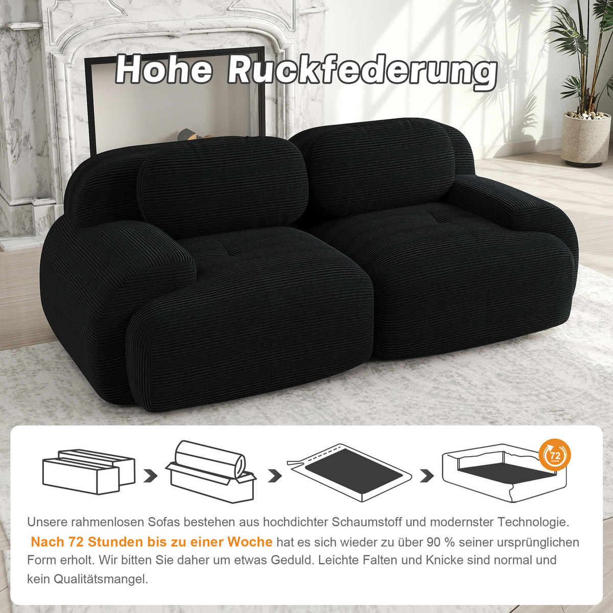 SOFA 2-Sitzer in Schwarz aus Cord mit modularem Design und geschwungenen Armlehnen - Schwarz, Textil (208/75/103cm) - CHICFURN