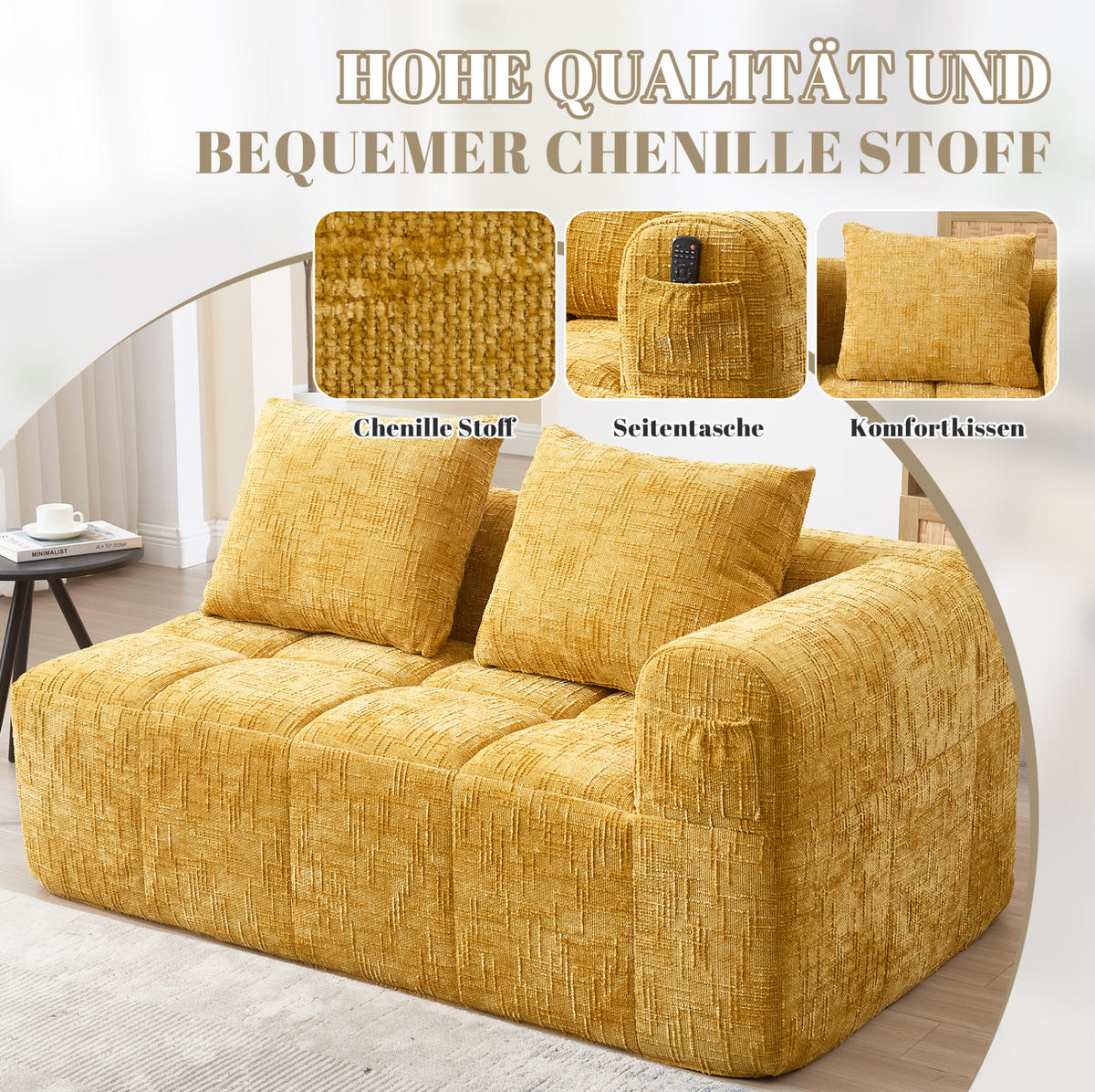 SOFA od chenille tkanine, 158/90/60 cm žuta, s bočnim džepovima - žuta, tekstil (60/160/90cm) - BEAOK