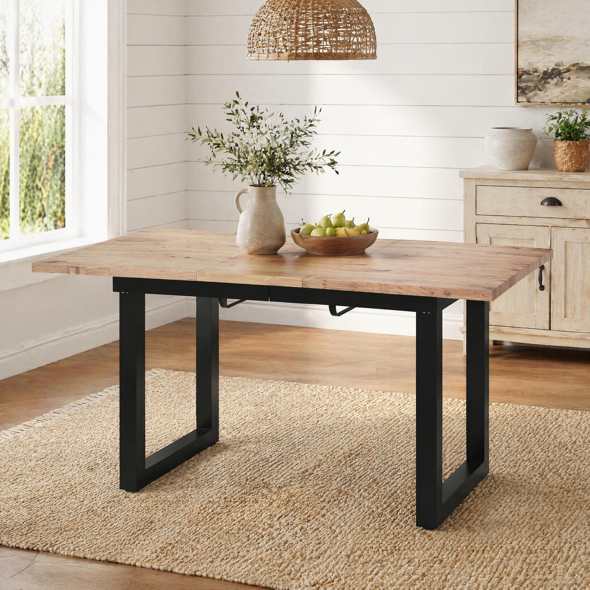ESSTISCH in Eichenfarben und Schwarz moderner einfacher Esszimmertisch aus Eisen für Esszimmer, B140/T80/H75 cm - Schwarz/Naturfarben, Holzwerkstoff/Metall (80/180/75cm) - STILVORA