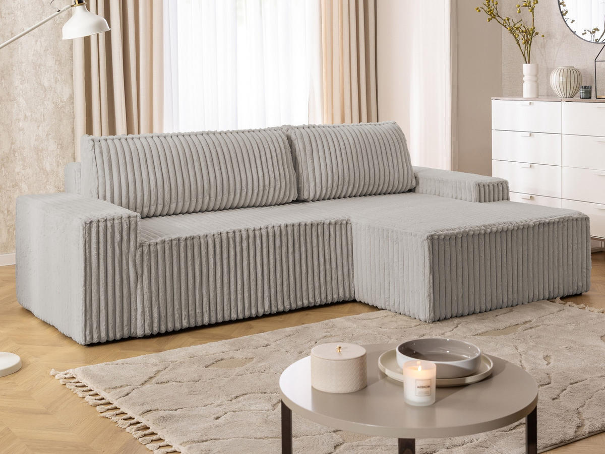 ECKSOFA Rivio mit Schlaffunktion und Bettkasten, Plüschcord Hellgrau - Hellgrau/Schwarz, Holz/Kunststoff (262/149cm) - S-Style