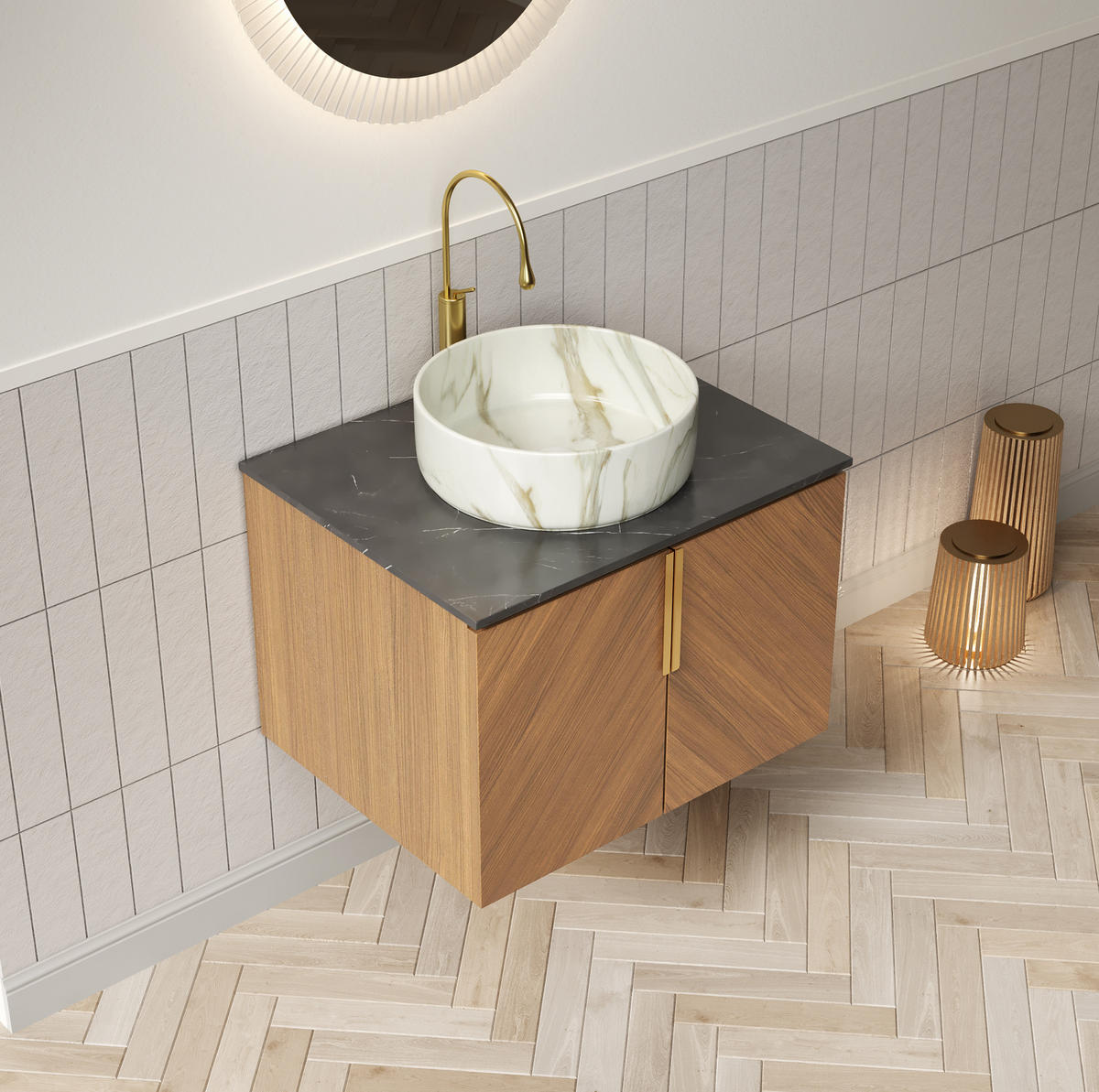 WASCHTISCH mit 2 Türen 61 cm Black Brown Oak Stone White - Naturfarben, Holzwerkstoff (50/53.1/61cm) - Beauniv