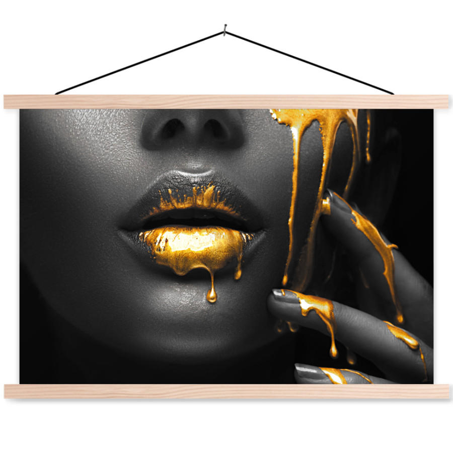 POSTER Frau - Schwarz - Gold - Gesicht - Lippen 120x80 cm - Goldfarben, Textil (120/80/0.15cm) - MuchoWow