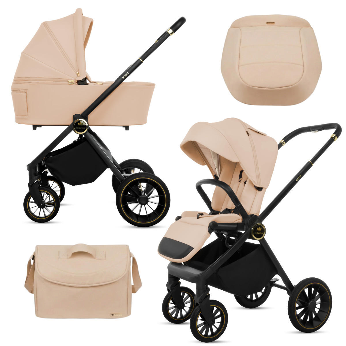 KINDERWAGEN Rosso 2in1 Beige Babywanne, Buggy Sportsitz, Faltbar, Wickeltasche - Beige/Schwarz, Textil/Metall (58/100cm) - BabyLux