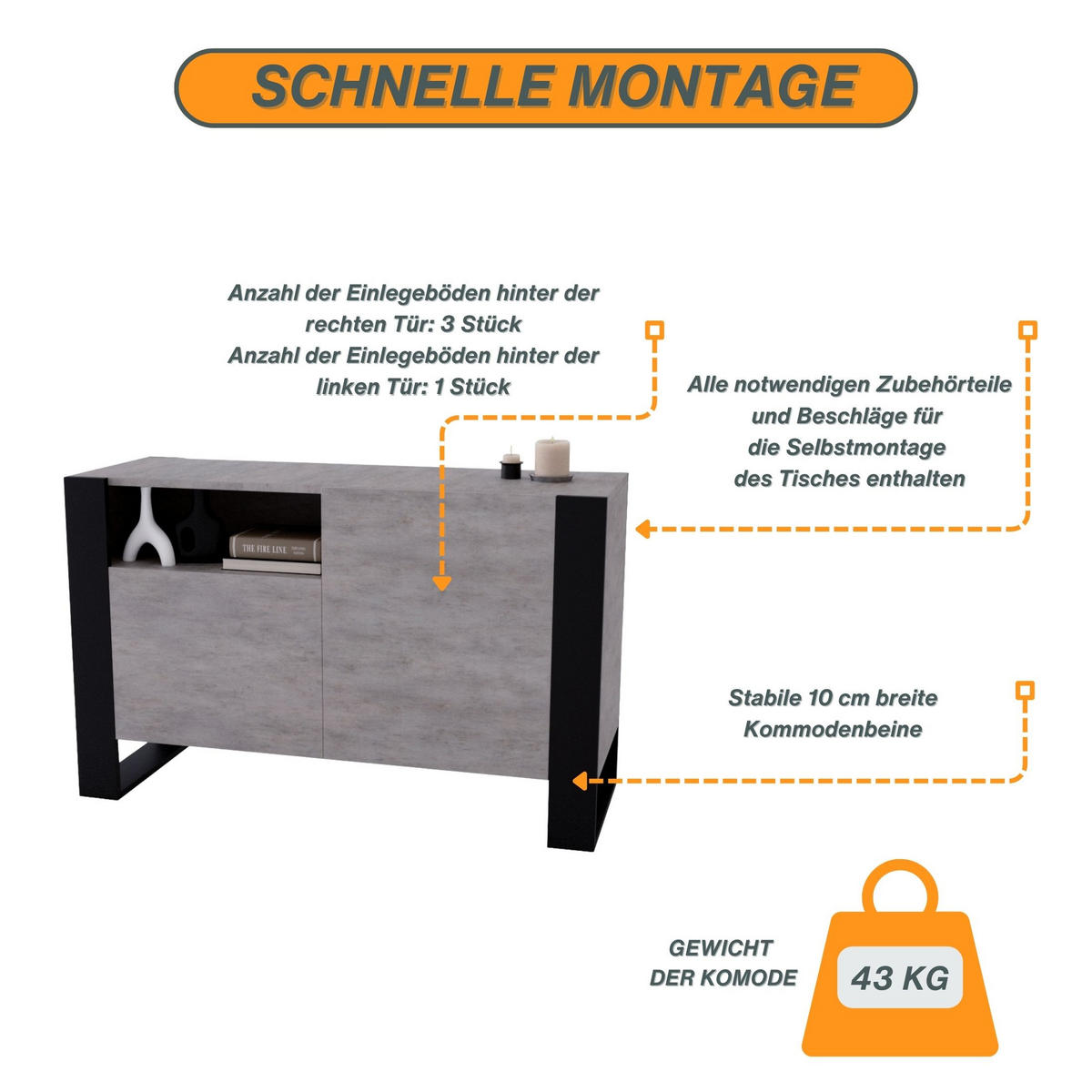 KOMMODE Karo 120/75/43.6 - Schwarz/Grau, Holzwerkstoff (120/75/43.6cm) - RAUMHIRSCH FURNITURE