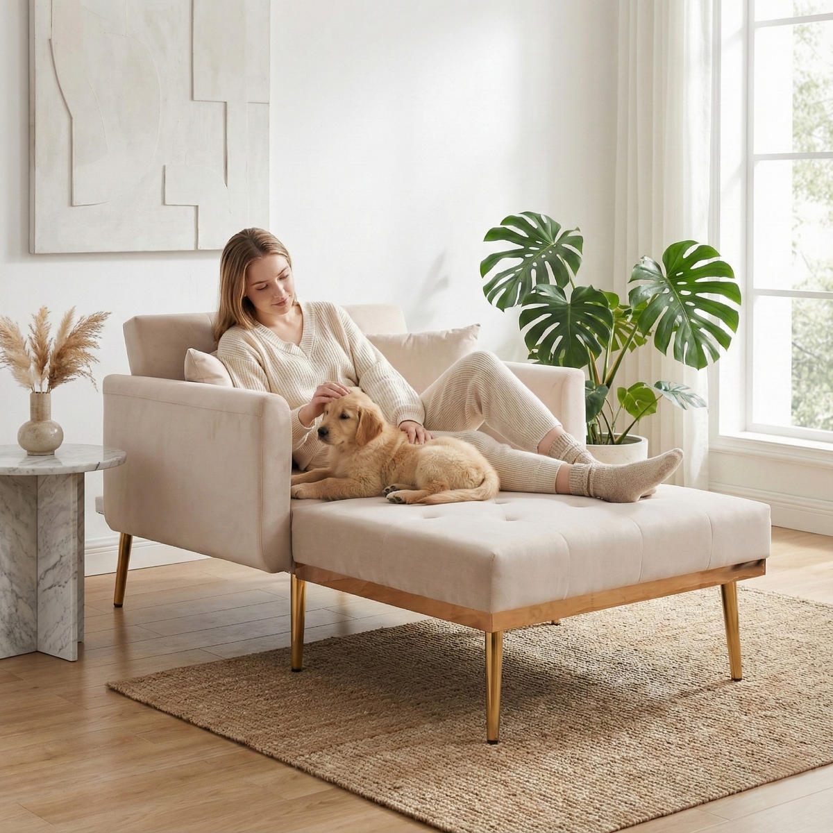 SCHLAFSOFA Zweisitzer,Relaxsessel mit Schlaffunktion,ausziehbar,Samt,Beige - Beige, Textil (90/77/165cm) - LVHOM