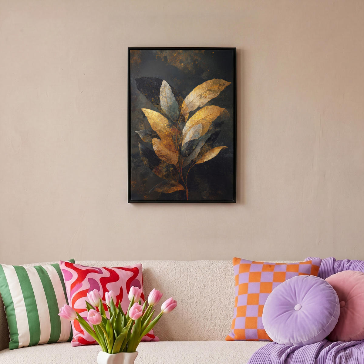 LEINWAND Bilder mit Rahmen - Golden Leaf Komposition - Botanical Luxury - 40x60 - Goldfarben, Textil (40/60cm) - MuchoWow